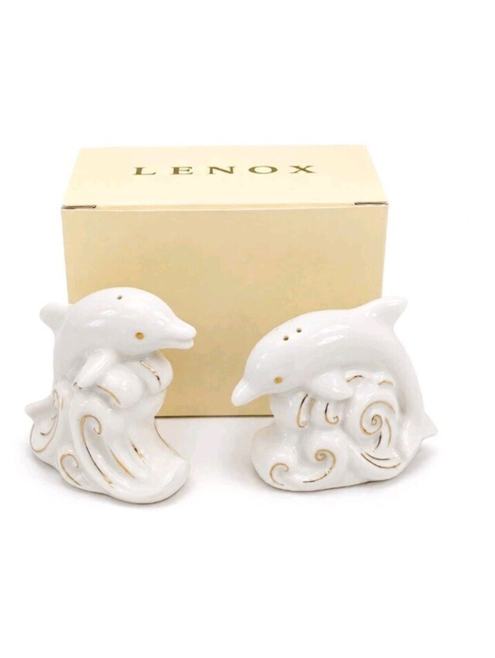 Lenox Dolphin Salt & Pepper Shakers Porcelain Gold Accents New in Box